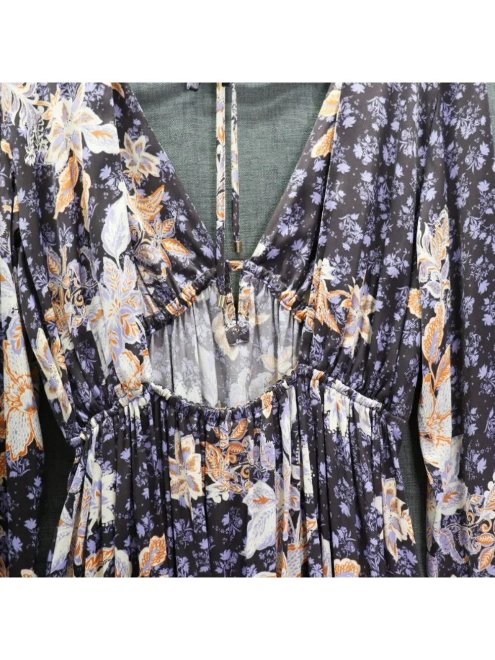 Free People Soli Plunge Neck Mini Dress XL Blue Floral Long Sleeve Boho NWOT